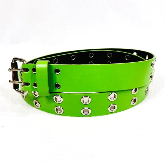Double Grommet Green Faux Leather Belt 2-Row Studded Unisex XL - Like New - Picture 2 of 7